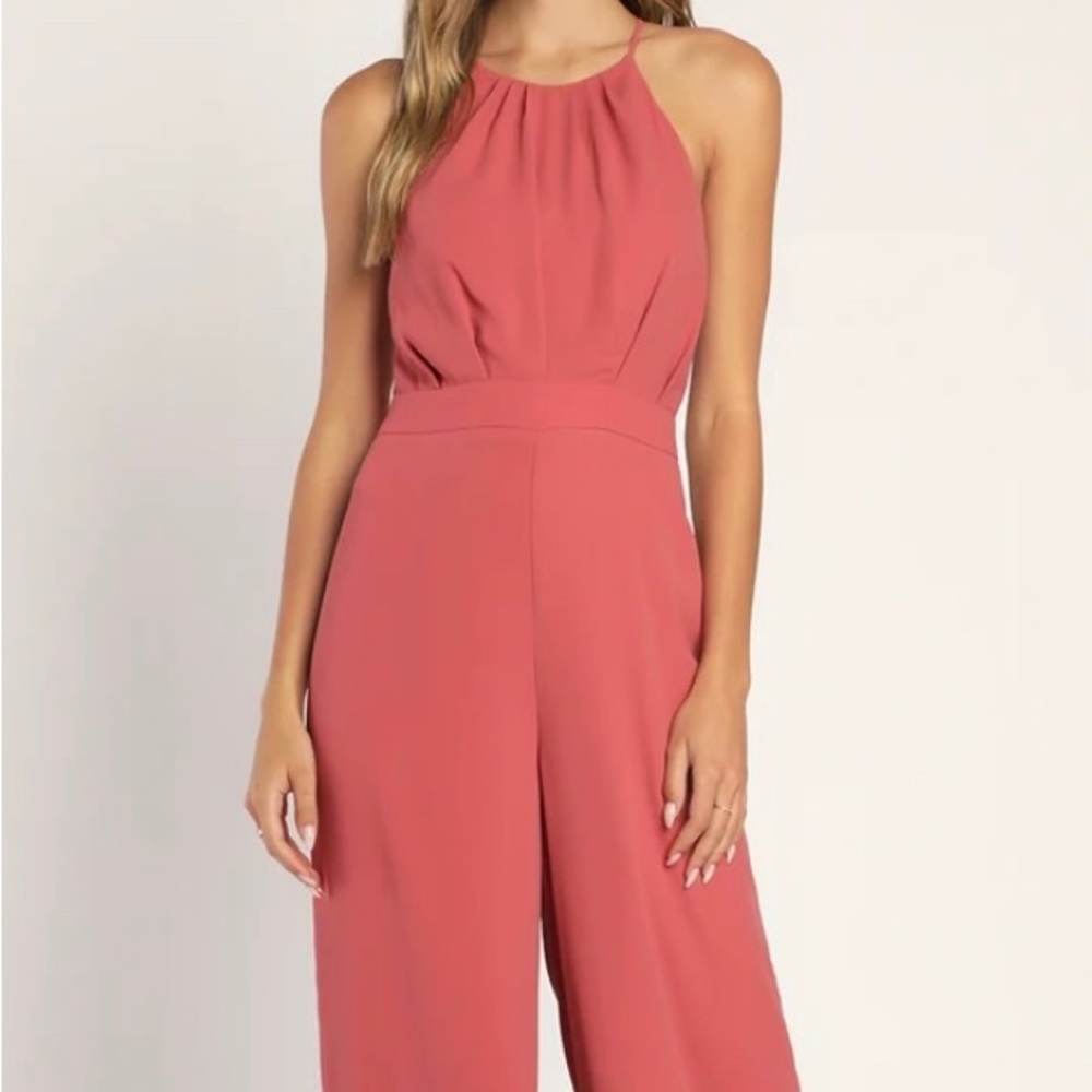 Lulu’s Dusty Rose Wide-leg Sleeveless HalterJumpsuit Large
